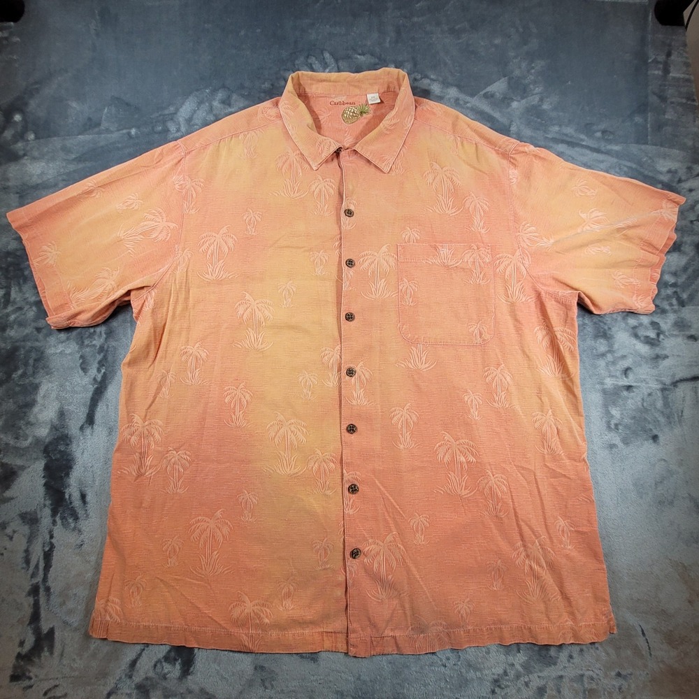 Caribbean Mens 2X Silk Cotton Palm Tree Jacquard Aloha Camp Shirt‎ Orange Coral